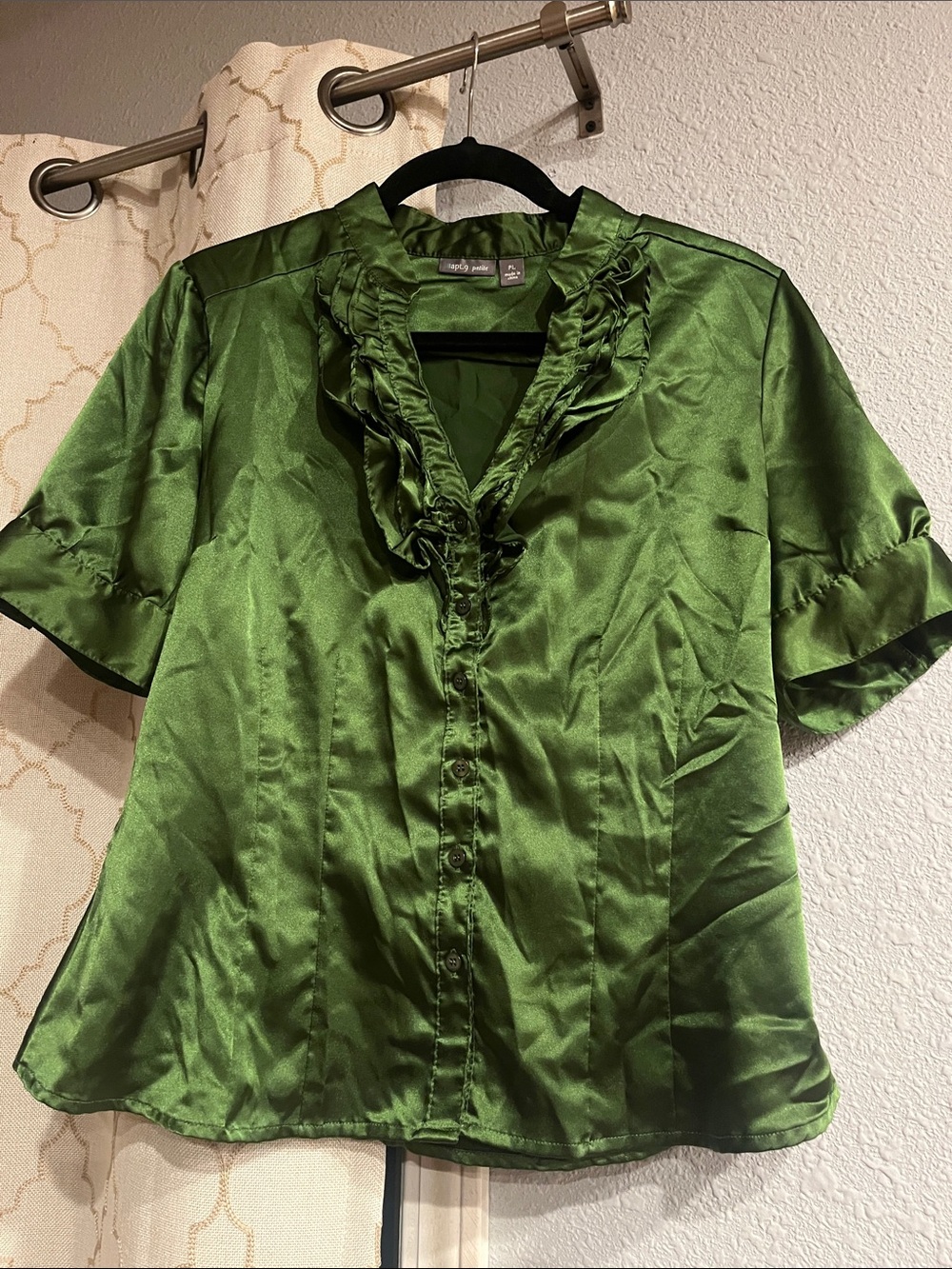 Green Ruffle Satin Button-Front Blouse